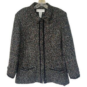 Sag Harbor Tweed Front Zip Jacket Blazer Coat Womens 14 Black Pockets